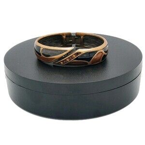 Vintage 80s Chico’s Enamel Black/Brown/Amber Rhinestones Hinged Cuff Bracelet